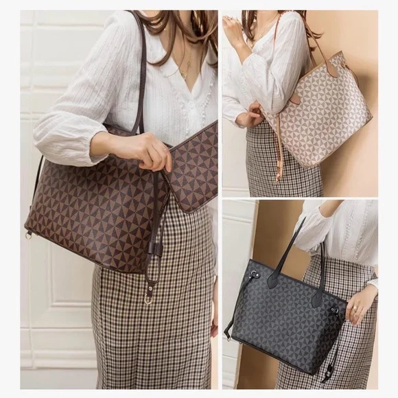 Elegant Brown Patterned Tote Bag with Pouch - Picture 3 of 7